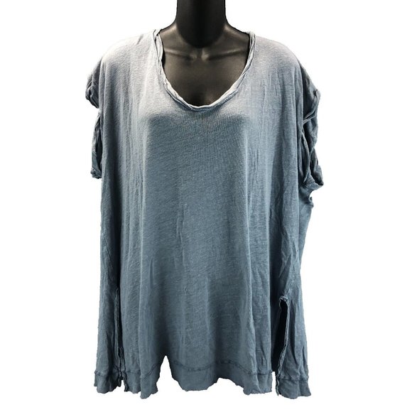 We The Free Womens Small Gray Linen Blend V-Neck Short Sleeve T-Shirt FLAW - Picture 1 of 16